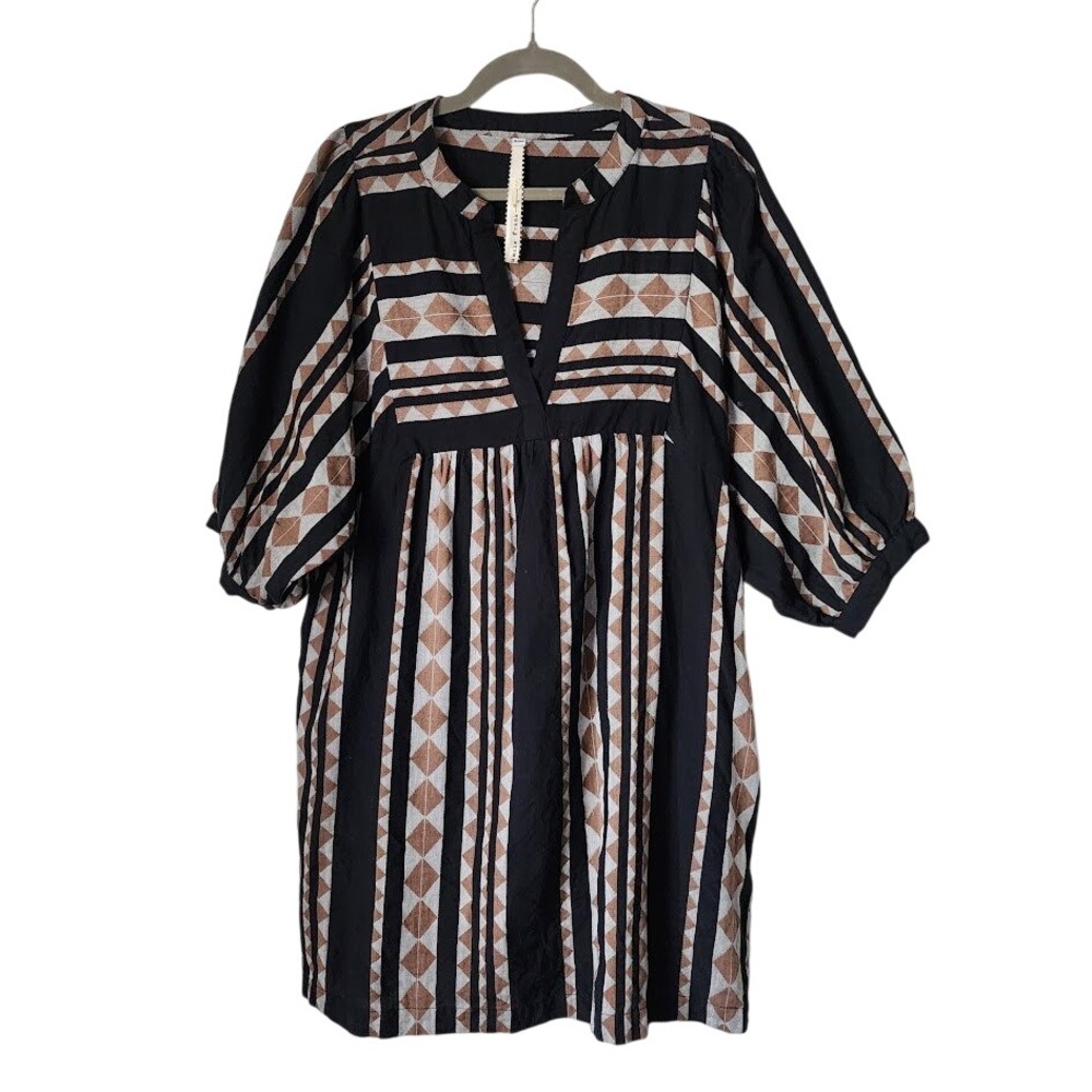UNCLE FRANK Geometric Boho Babydoll Tunic Dress Puff Sleeve S M - Picture 2 of 11